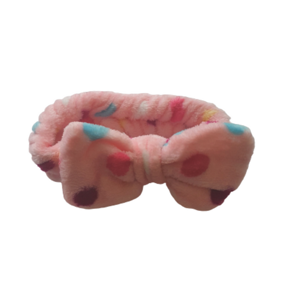 Plush Bow Headbands- Pink With Multicolor Dots - Makeupsense